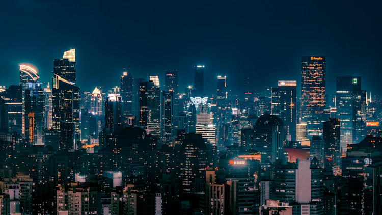 A financial district lit up at night