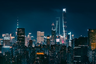 Skyscrapers illuminated at night in a sprawling cityscape.
