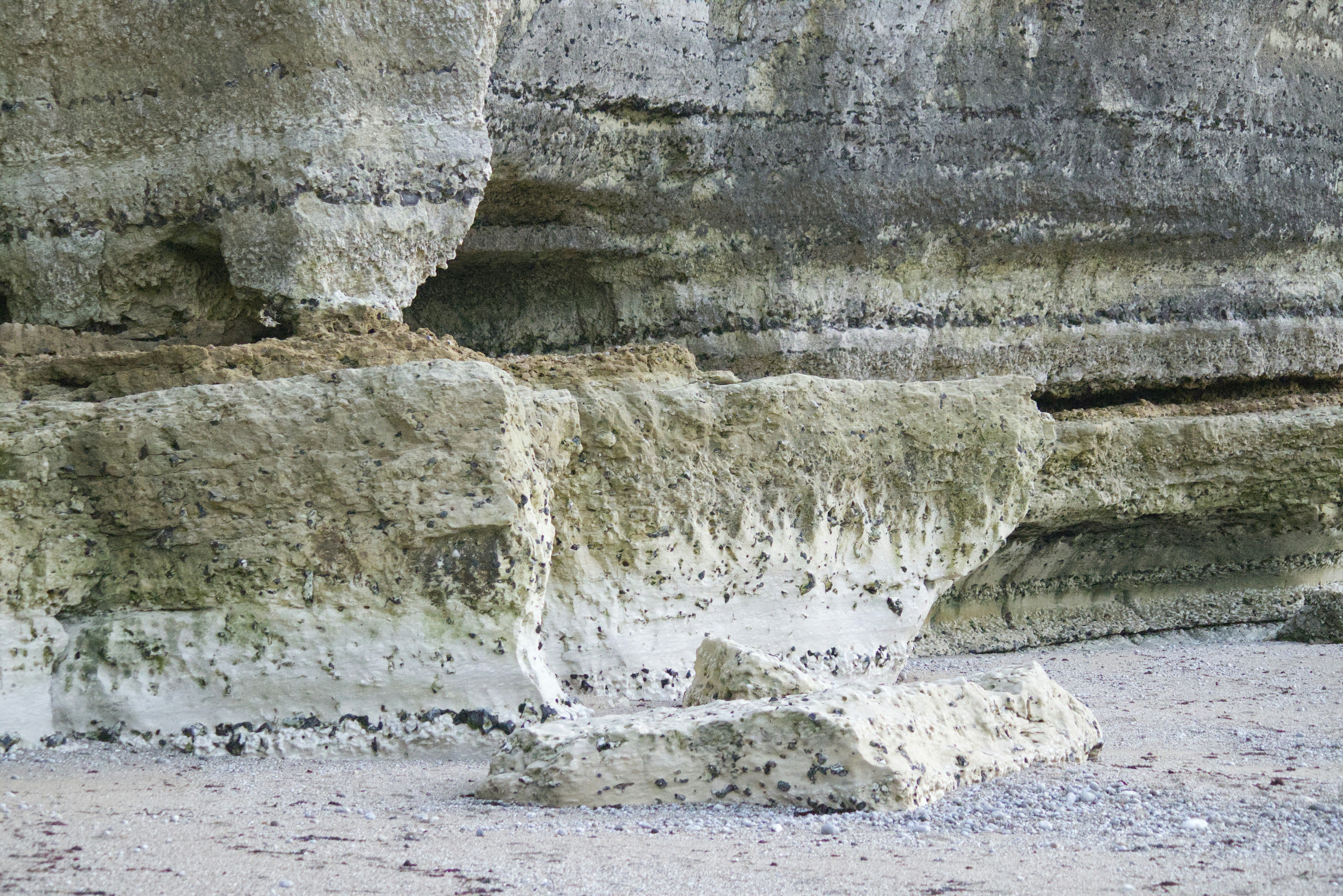 Layered chalk cliffs on a sandy beach