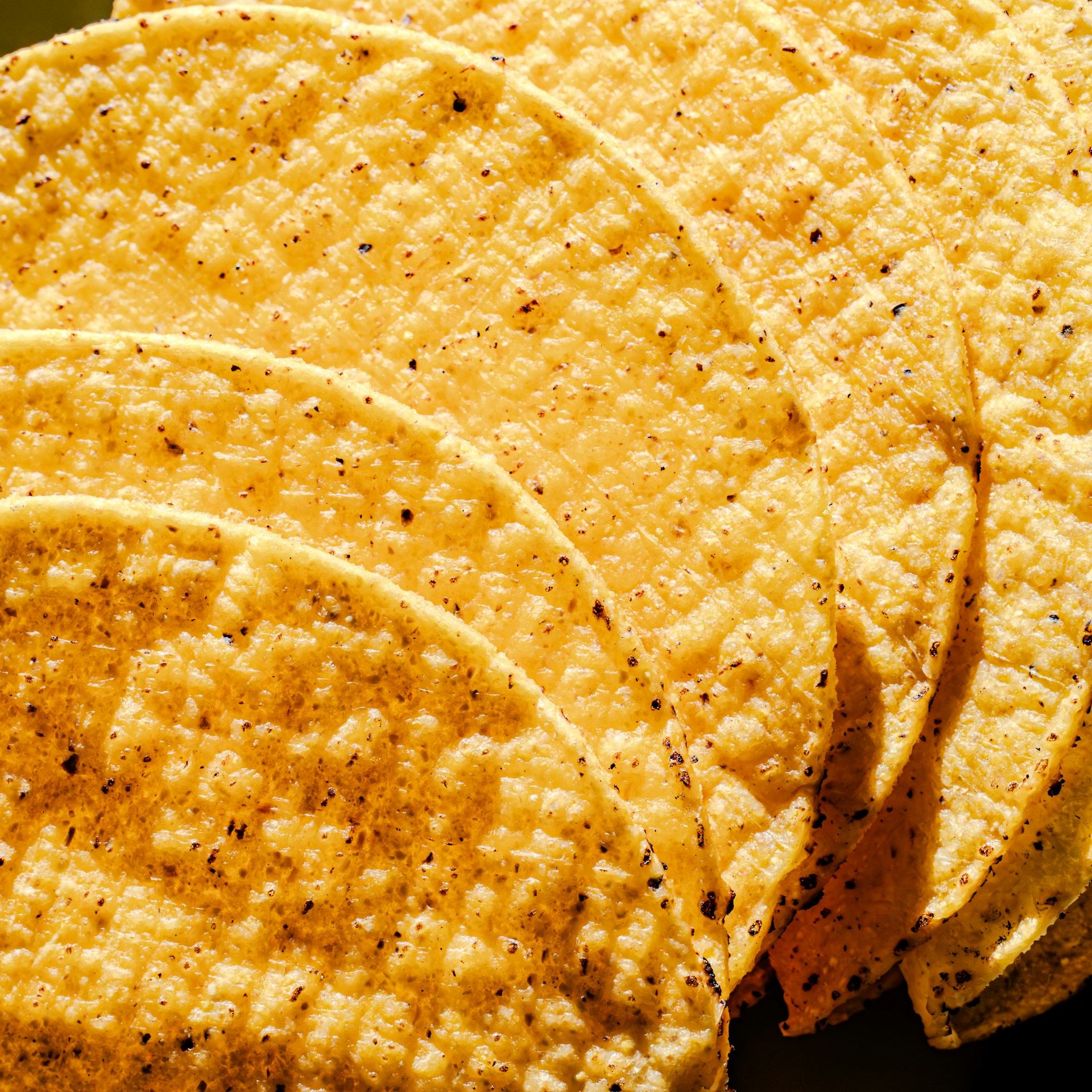 Crispy corn taco shells arranged in a row.