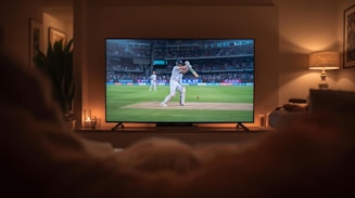 Cricket match playing on a television screen at night.
