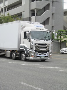 White delivery truck with chrome accents on road.