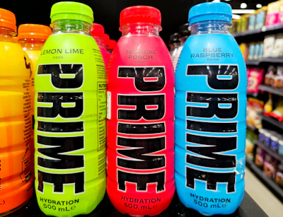 Three prime hydration drinks in neon colors