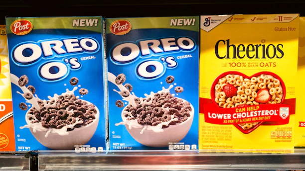Boxes of oreo o's and cheerios cereal on shelf