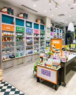 Skincare products displayed on shelves in a retail store.