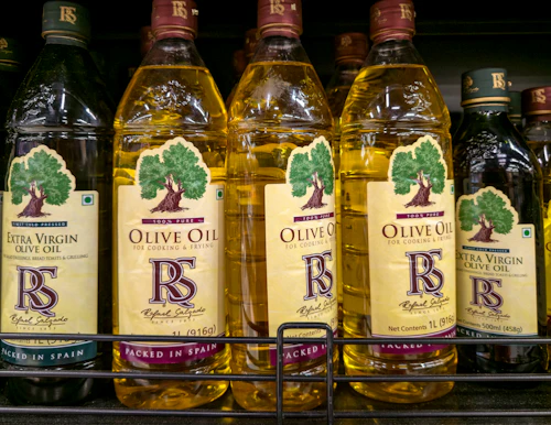 Oil bottles close up on a shelf