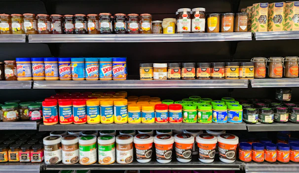 Shelves stocked with various spices and seasonings.