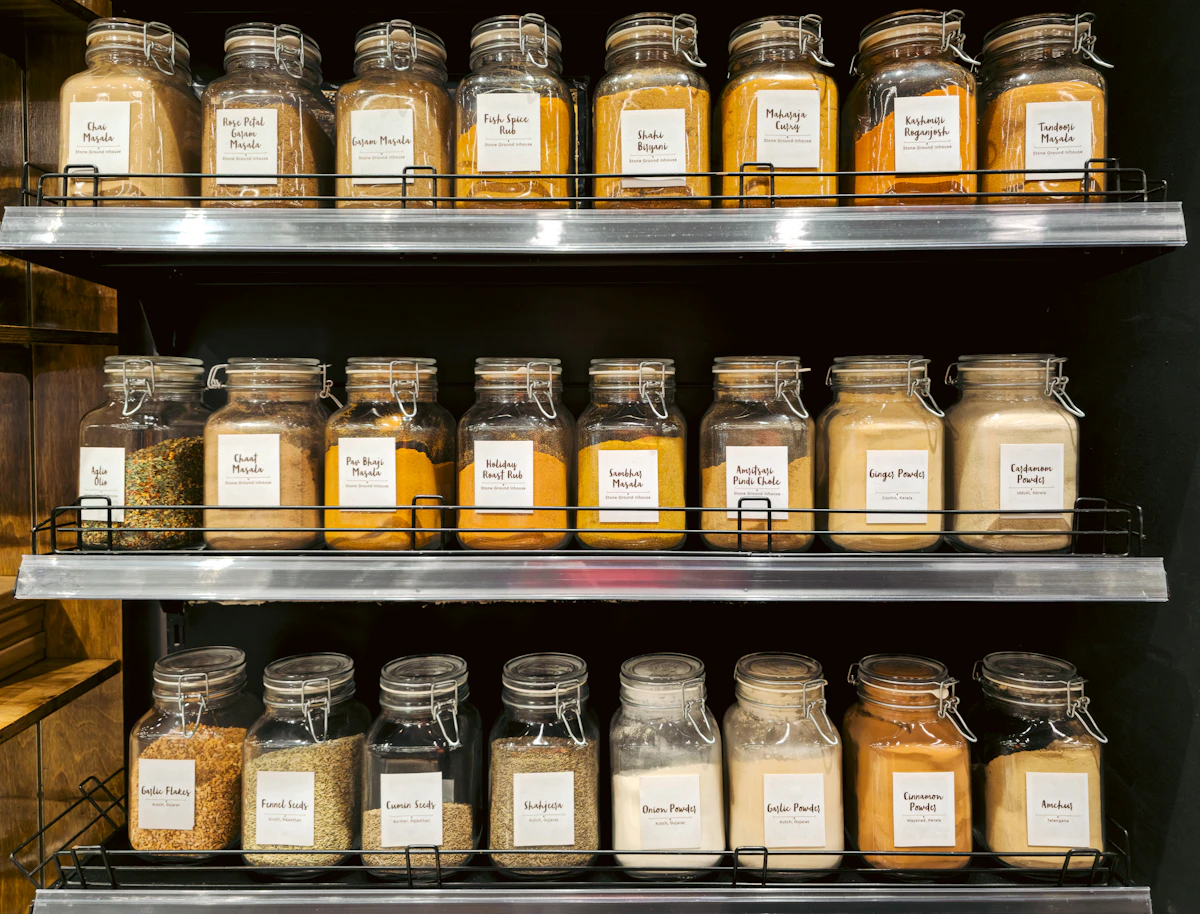 Indian spices displayed in jars