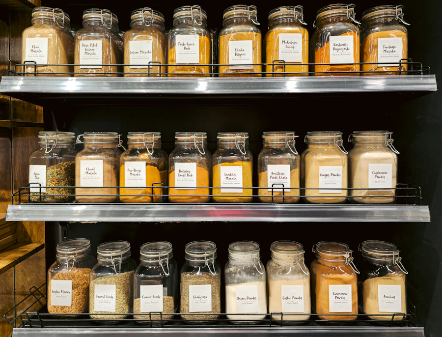 Jars and seasonings organized on a hanging shelf rack