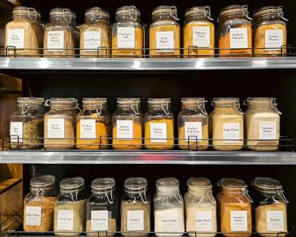 Jars of spices and seasonings neatly arranged on shelves.