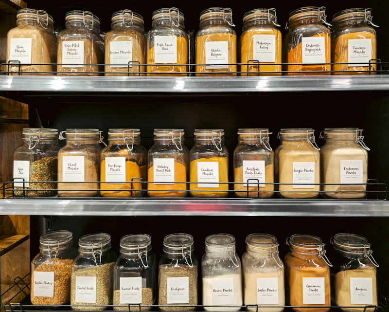 Labelled spice jars arranged on shelves