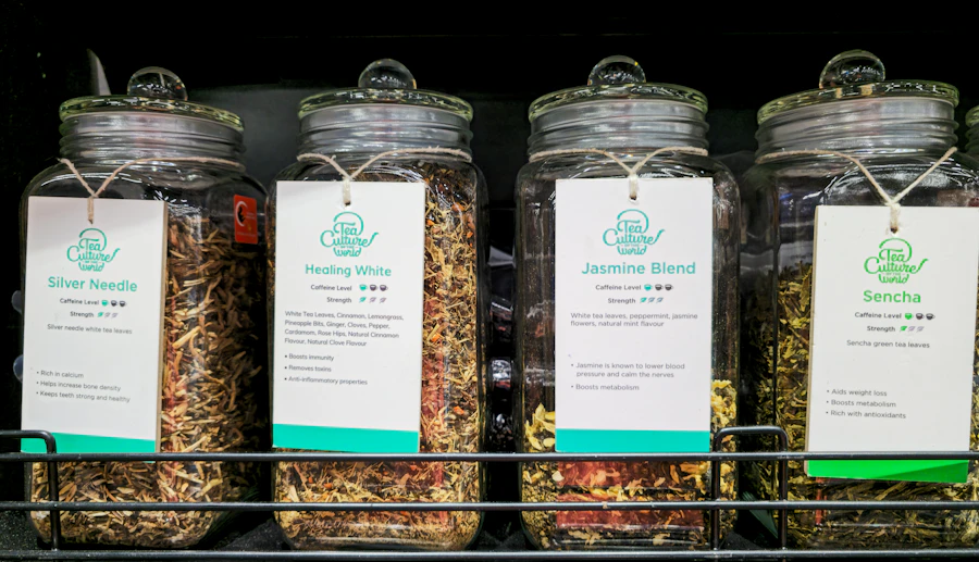 Dried culinary herbs and spices in glass jars