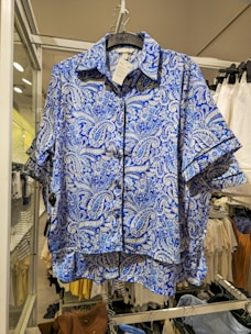 Blue and white paisley print satin shirt