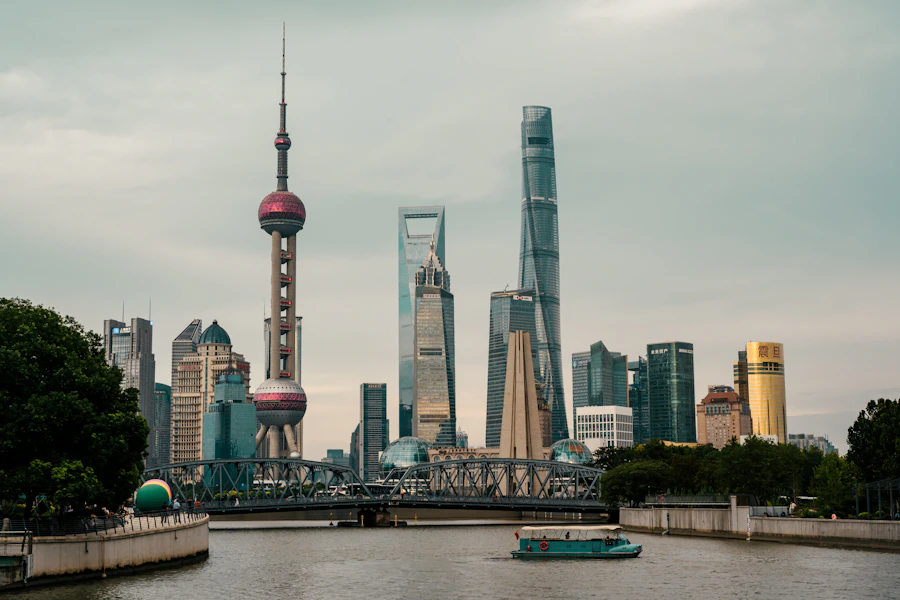 Modern Shanghai skyline with the Oriental Pearl Tower over the river