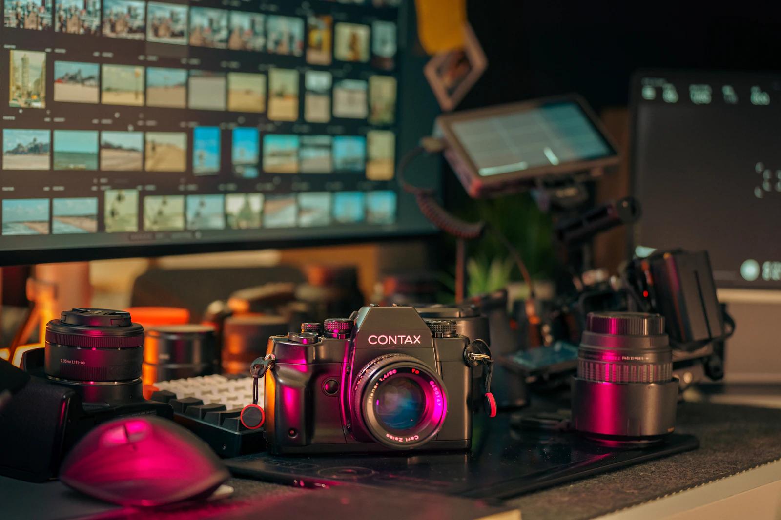 A video editing workstation with cameras, lenses, and dual monitors on a post-production desk