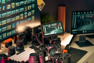 Filmmaker's setup with cameras, lenses, and monitors