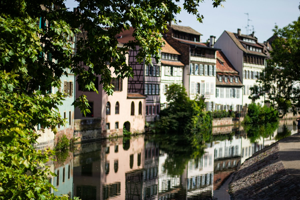 Maisons alsaciennes colorées de la Petite France qui se reflètent dans l'eau calme d'un canal, encadrées d'arbres