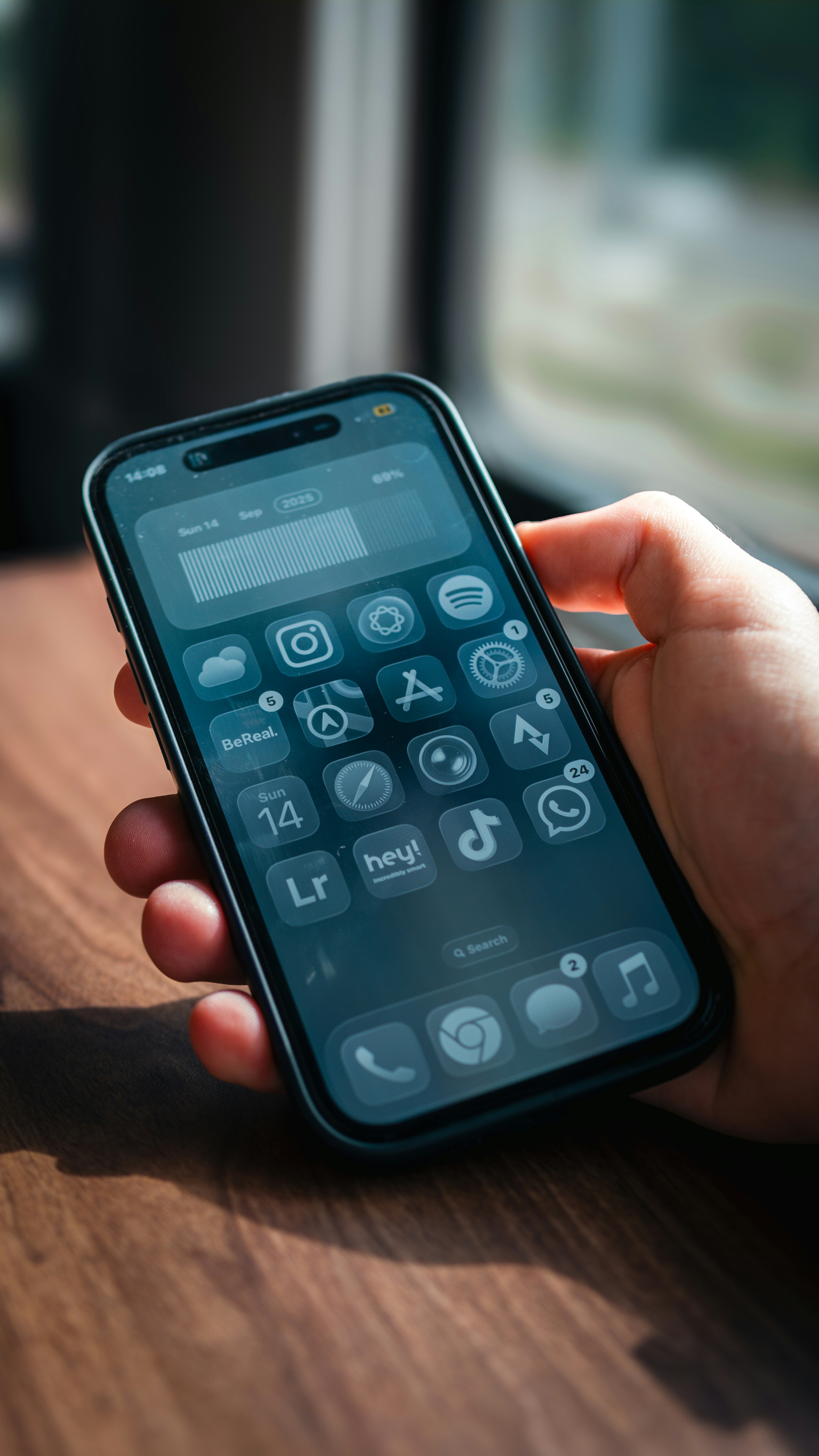 Hand holding a smartphone with various app icons displayed.