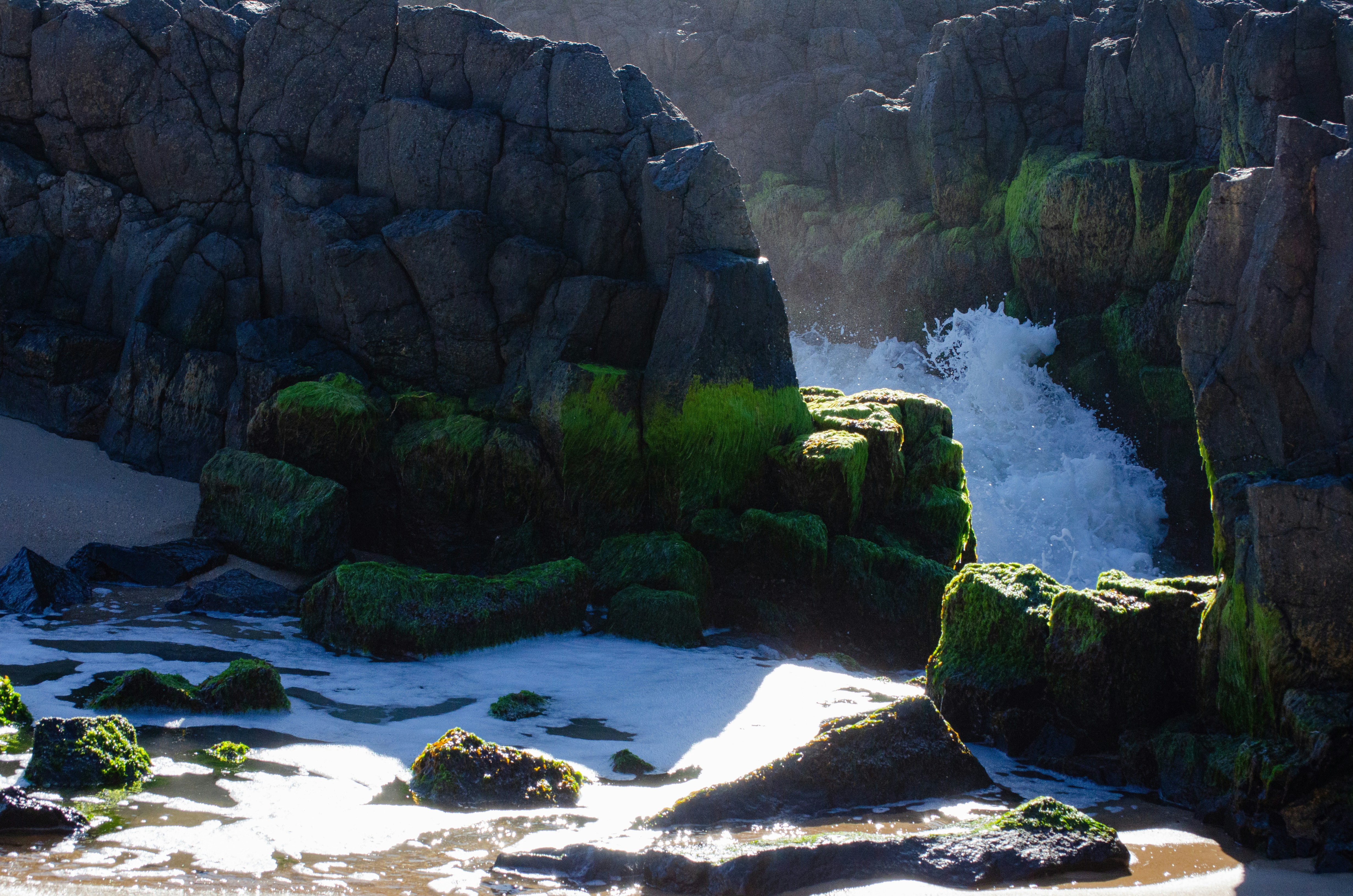 Waves crash against mossy rocks on a sandy beach.