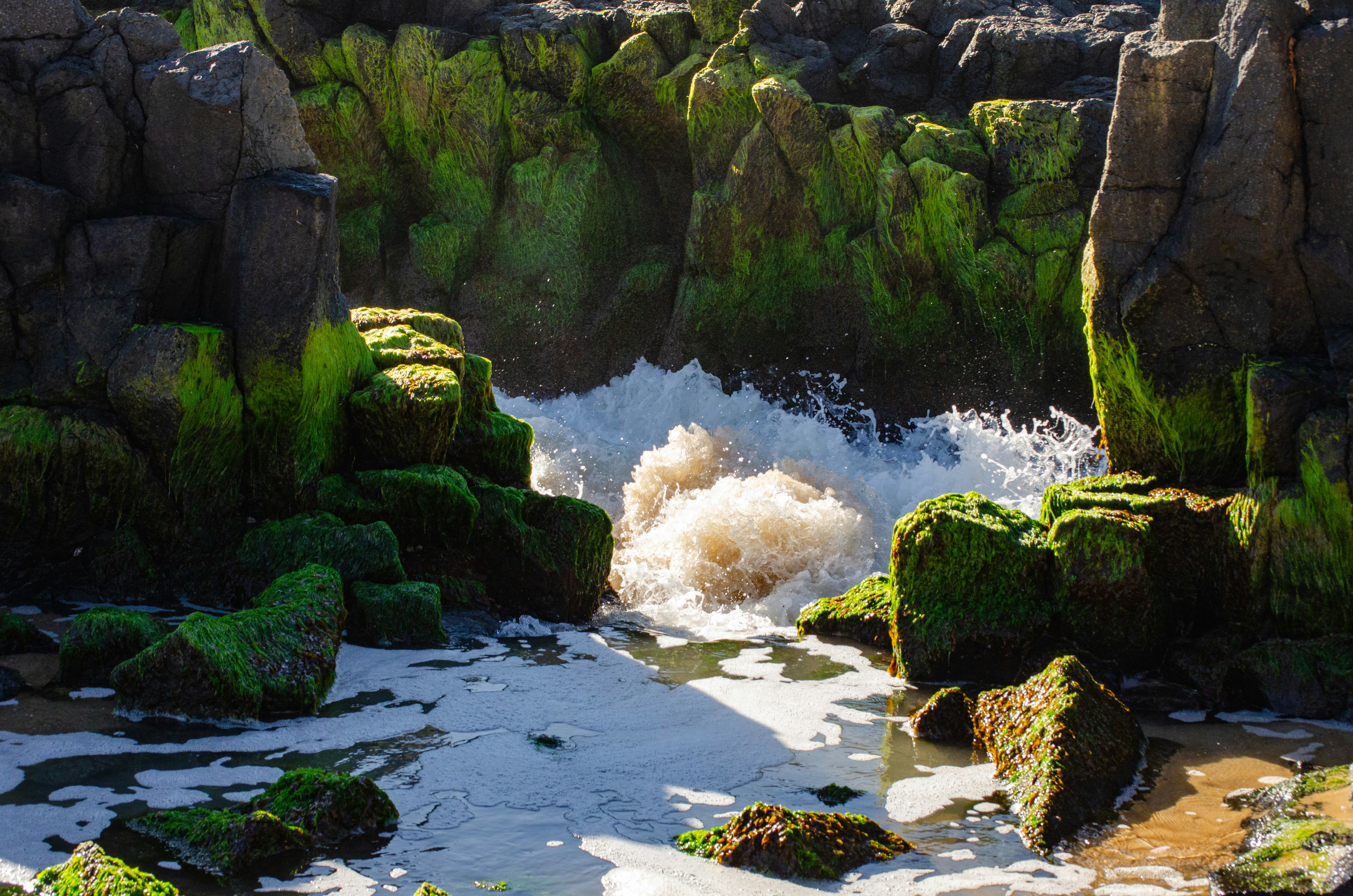 Waves crashing between mossy coastal rocks