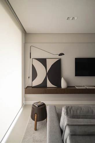 Modern living room with abstract art and minimalist decor