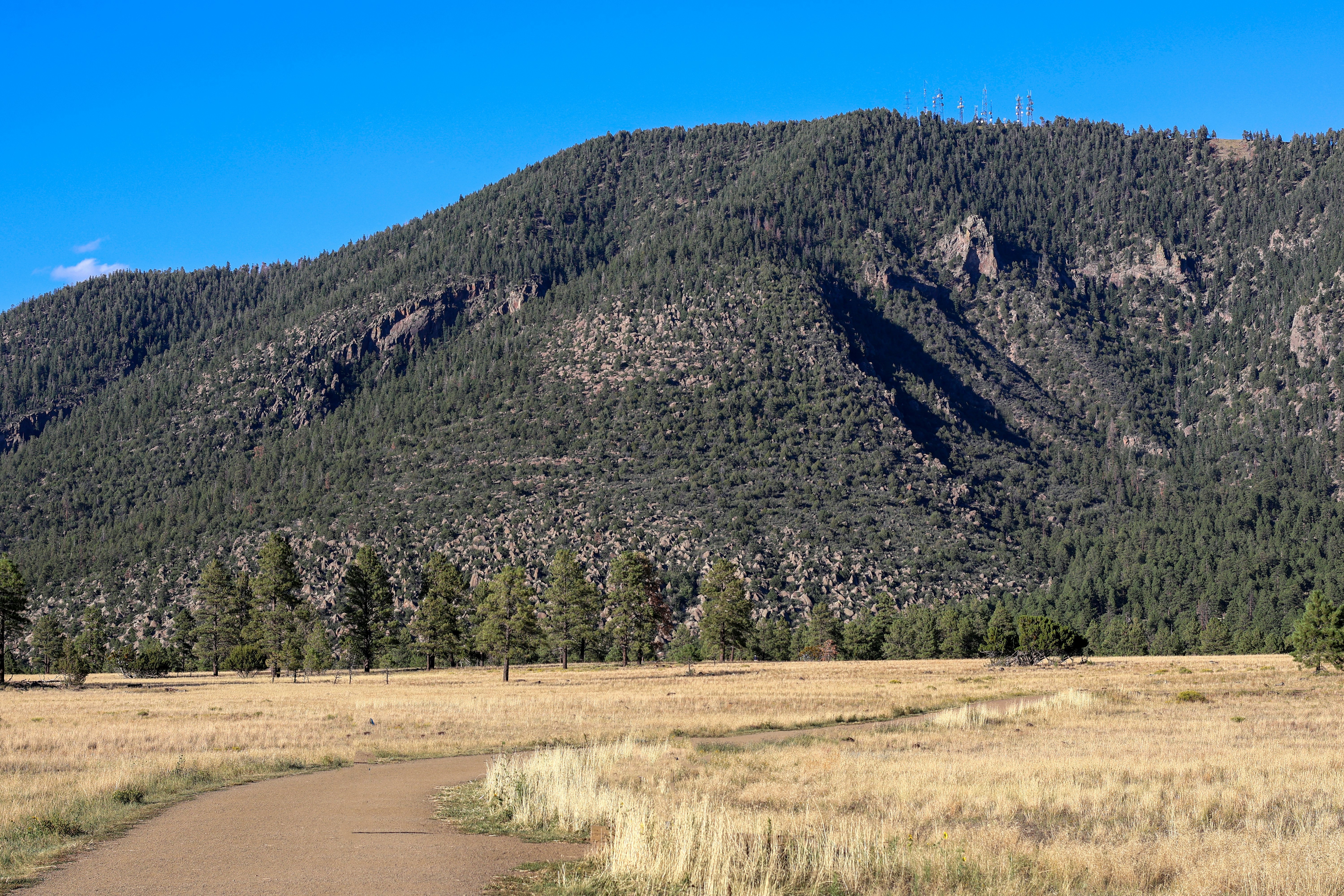 Dirt path through dry grass leads to forested mountain