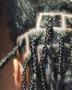 Close-up of braided dark hair with square sections.