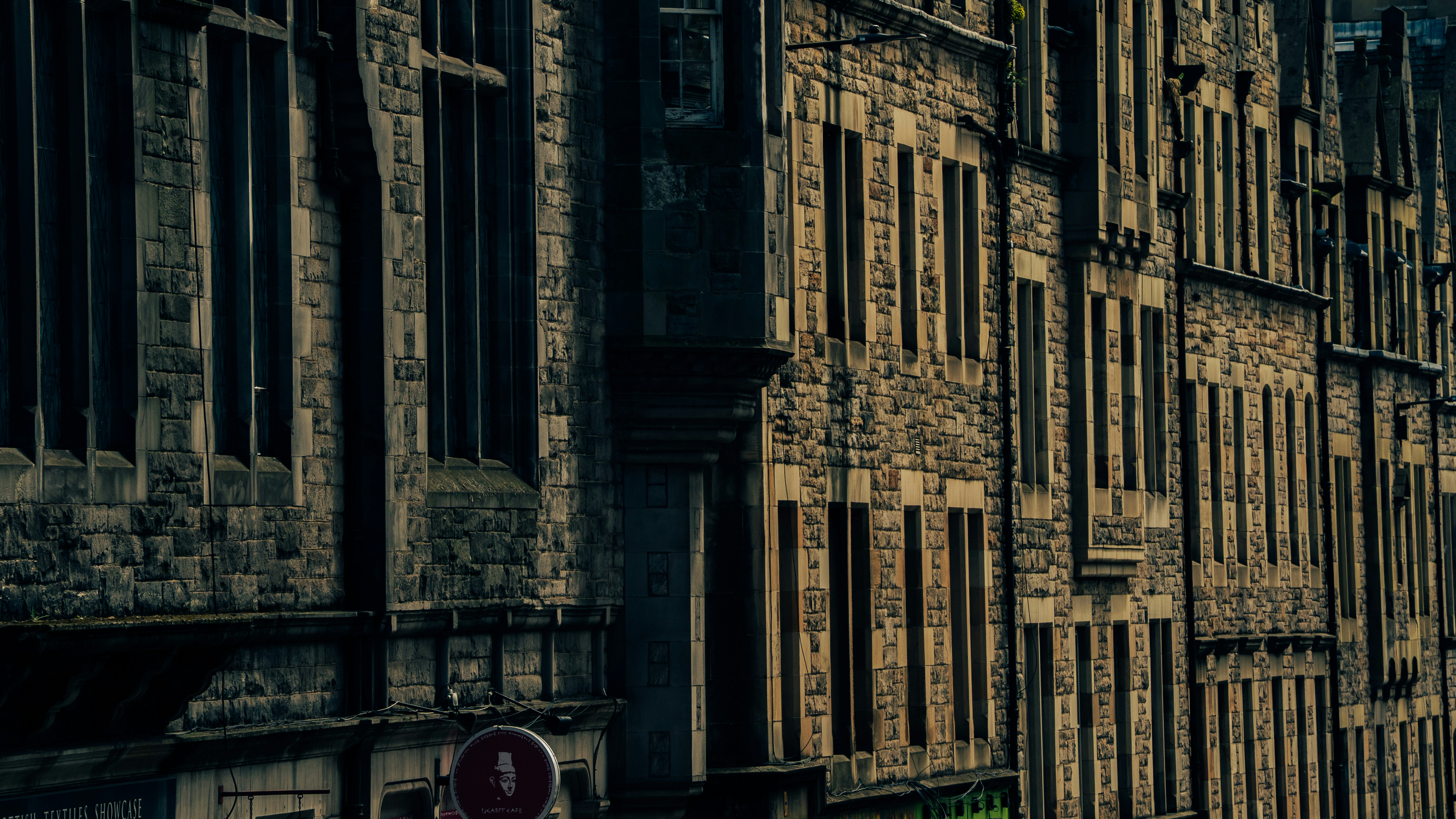 Old stone buildings with many windows
