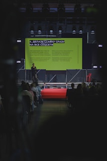 Speaker presenting on stage with audience watching