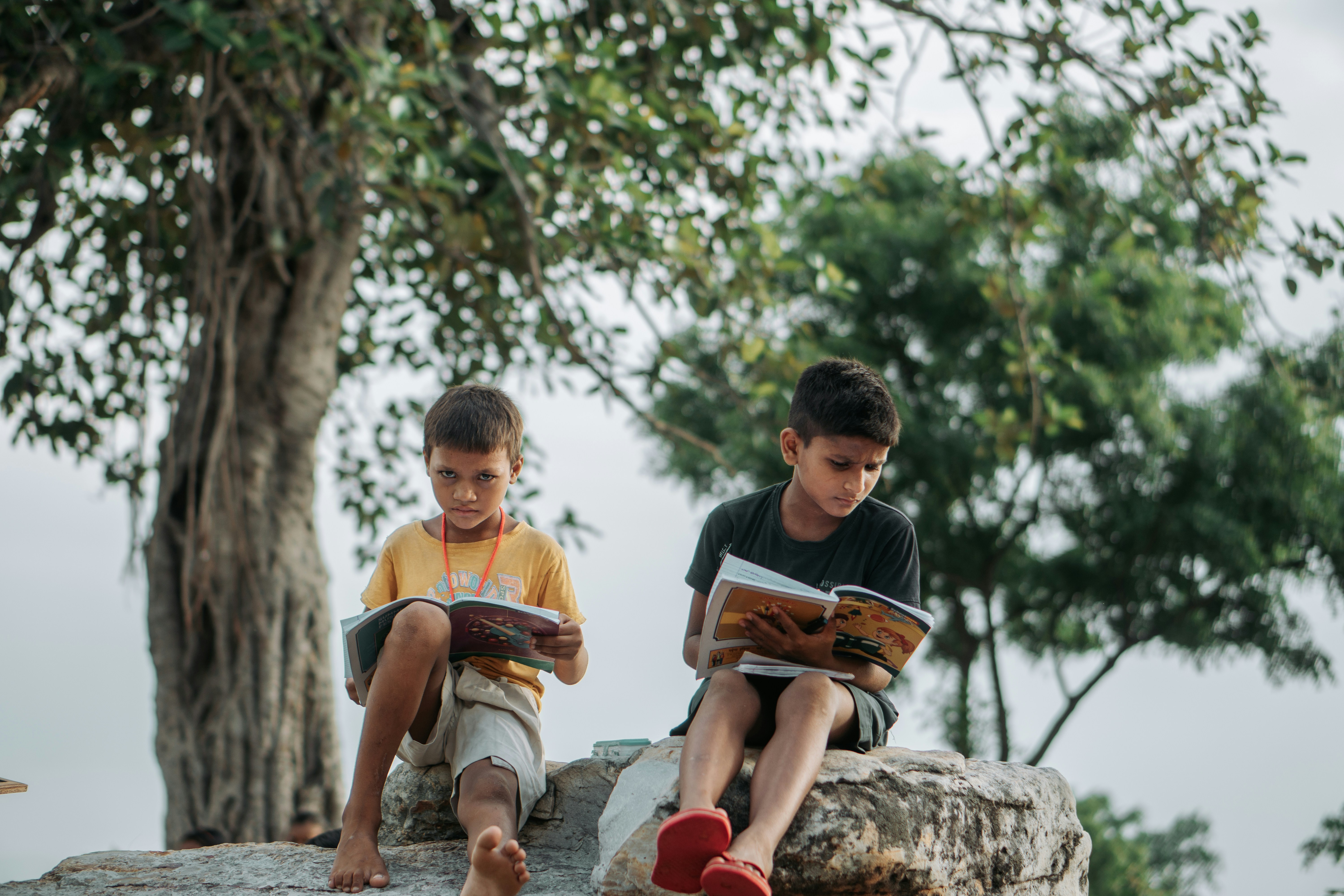 Two boys reading books outdoors under a tree.