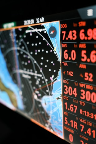 Nautical navigation screen displaying charts and data.