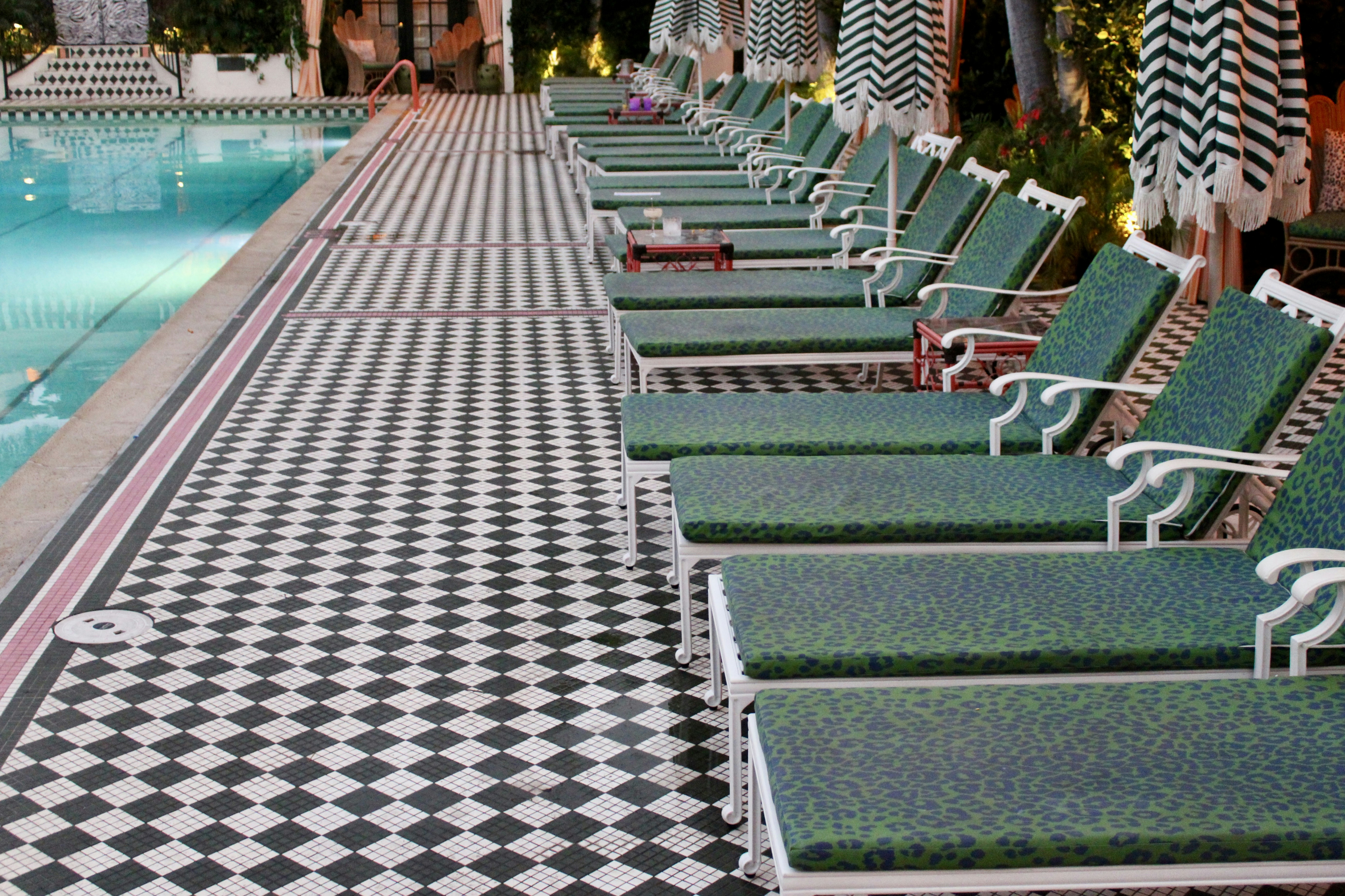 Lined lounge chairs beside a swimming pool