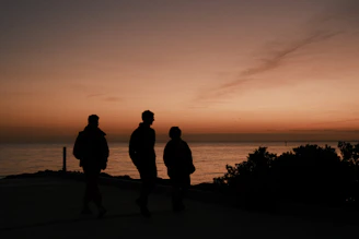 Three people silhouetted against a sunset over the ocean.