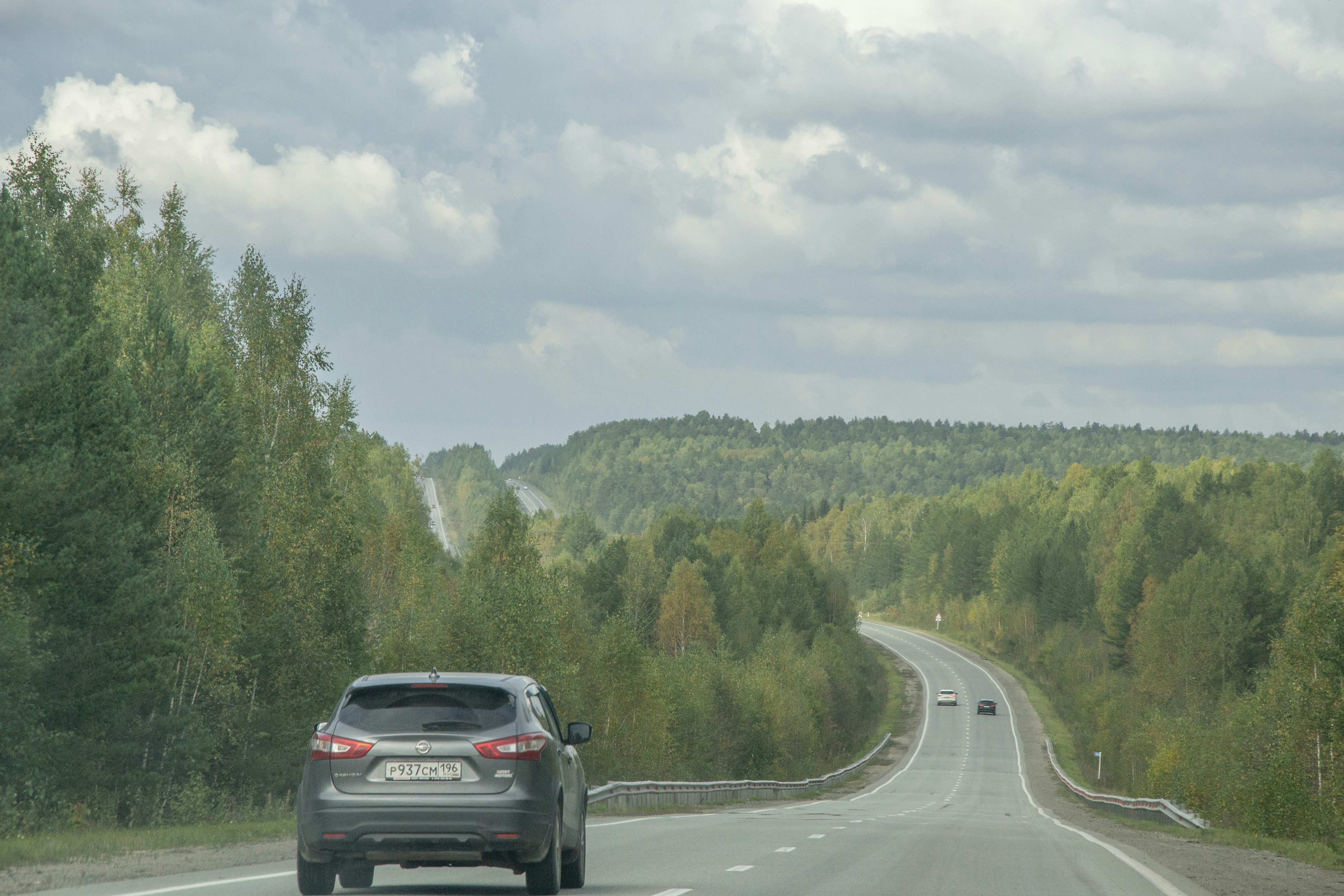 Car drives on a winding road through a forest.