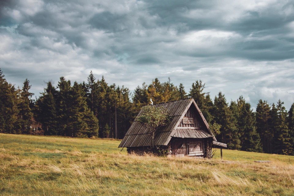 The image depicts a serene rural scene featuring an old, dilapidated wooden cabin nestled amidst nature. The cabin is surrounded by tall trees and grasses, creating a sense of tranquility and solitude. The sky above is filled with clouds, casting a soft light over the landscape. The perspective of the photo is from ground level, looking up at the cabin, which enhances its imposing presence in the scene.