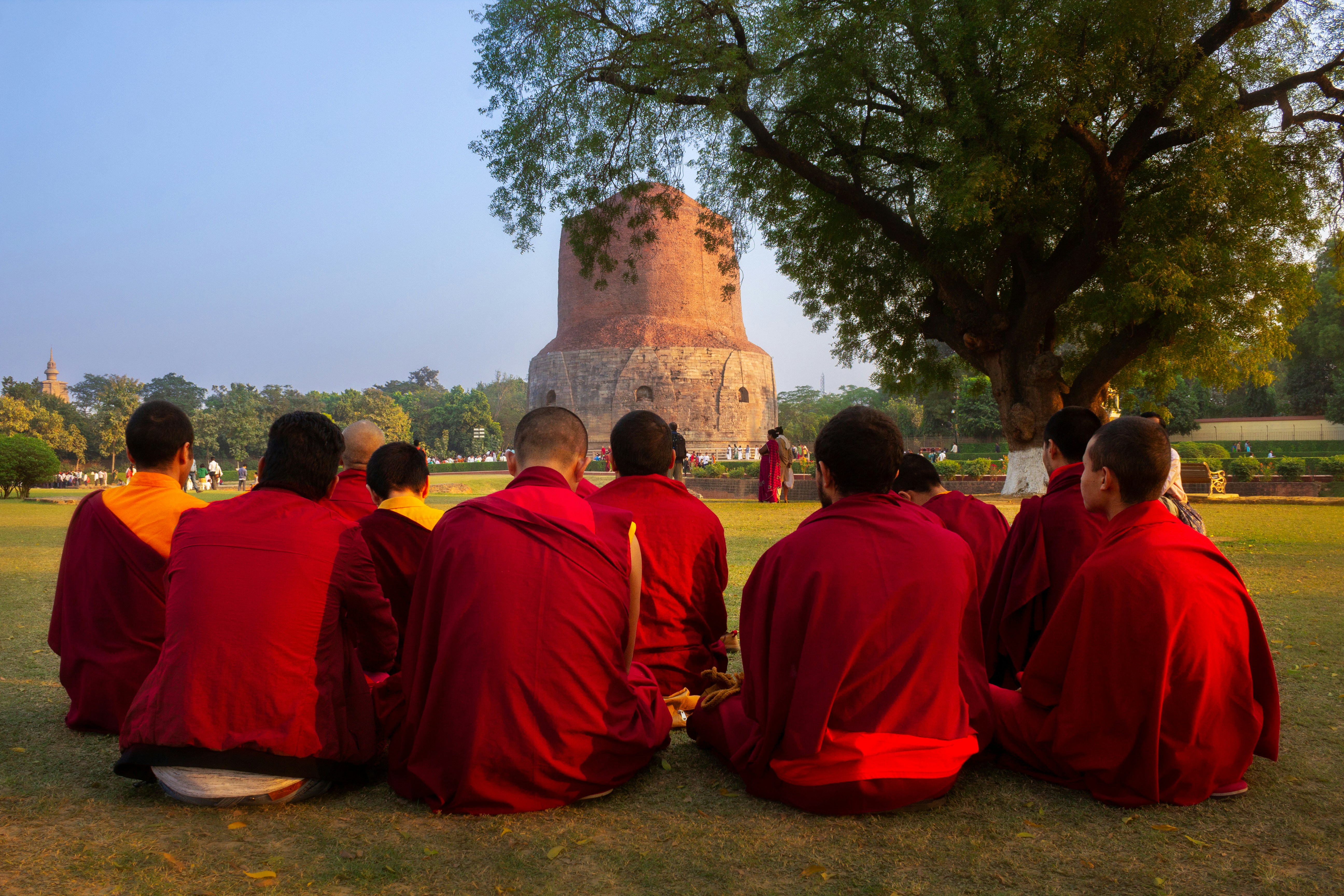 A serene image of a monk meditating near a ancient stupa at Sarnath, with soft sunlight.