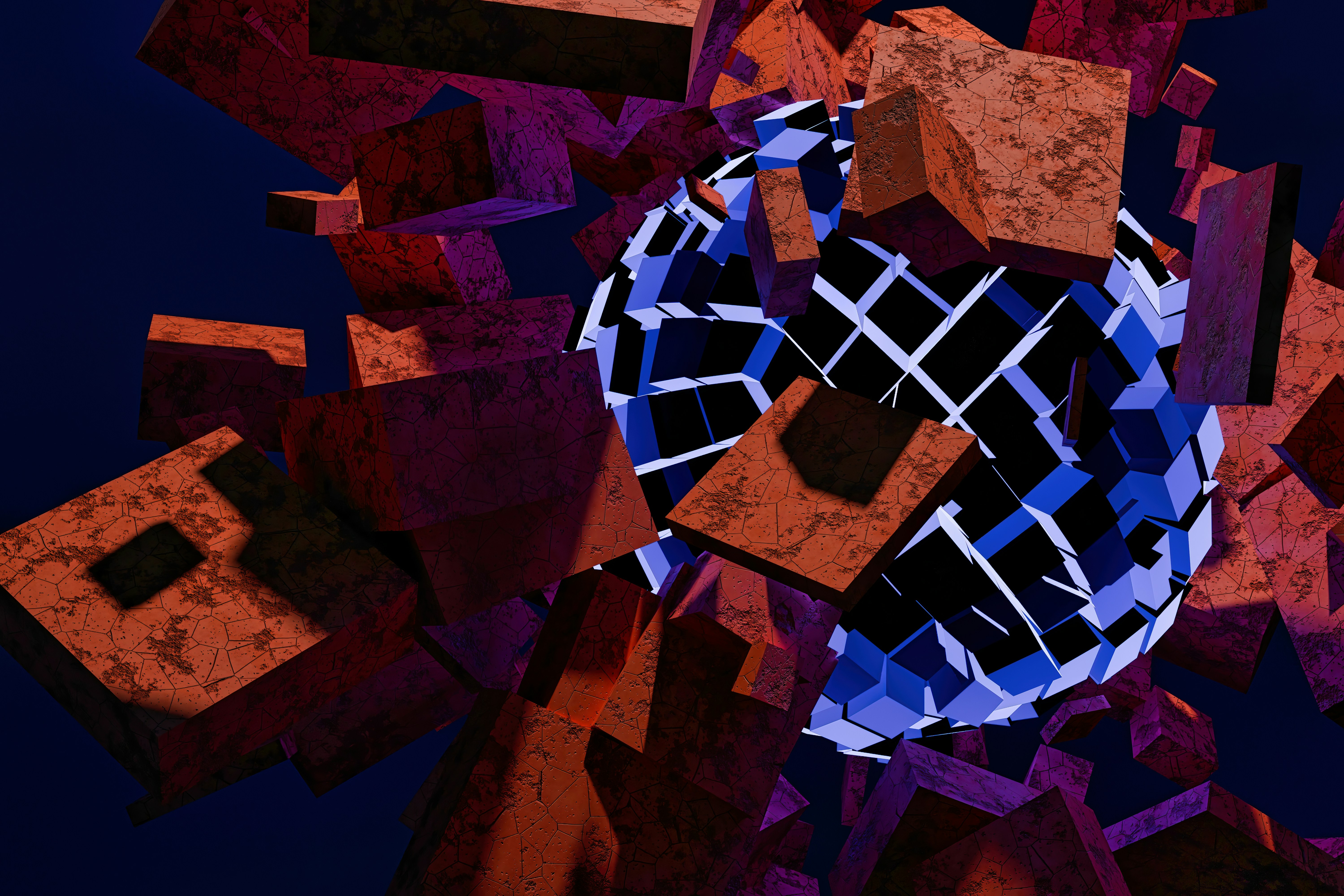 Abstract sphere with exploding geometric shapes