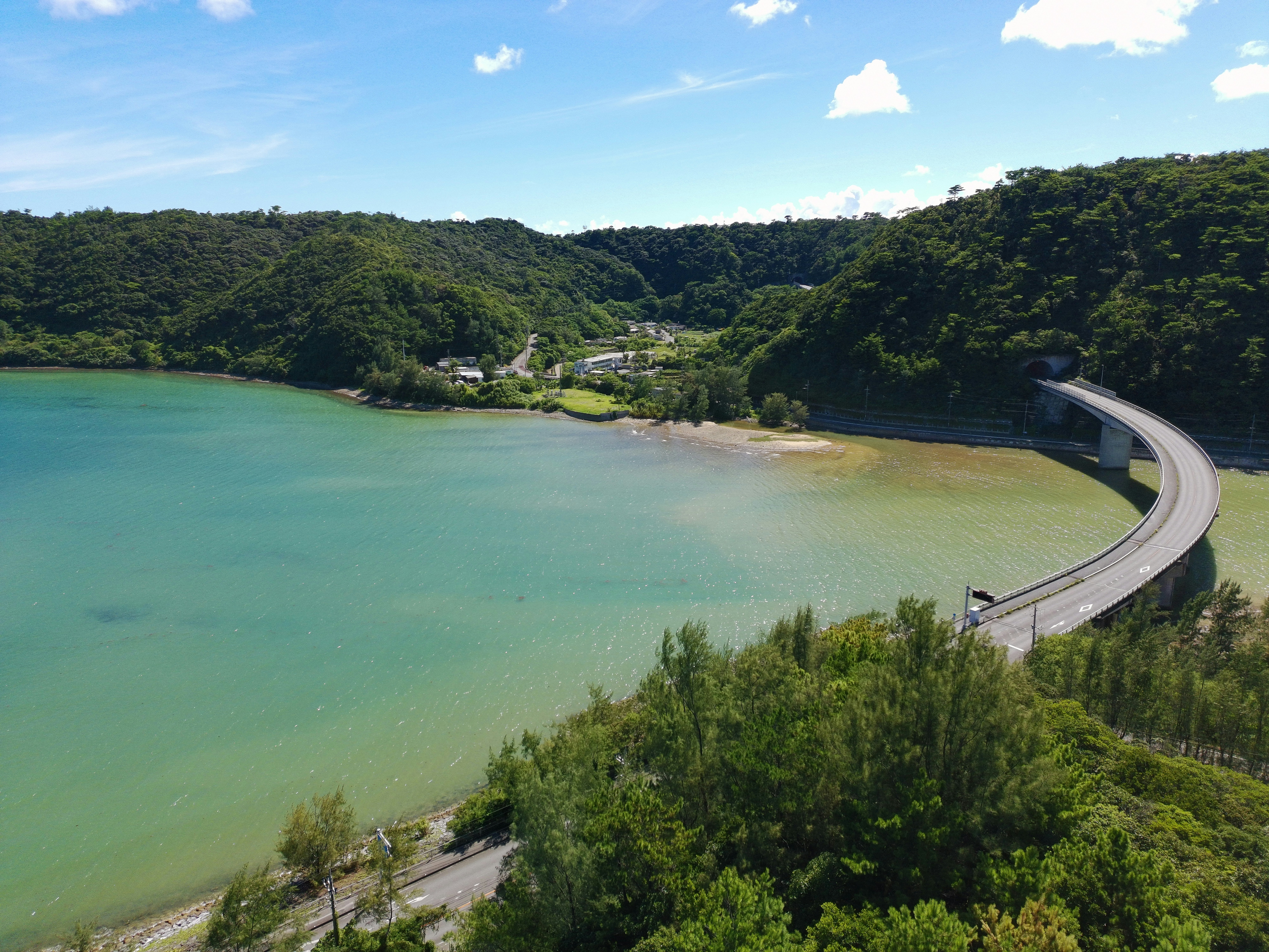Curving bridge over turquoise water and green hills.