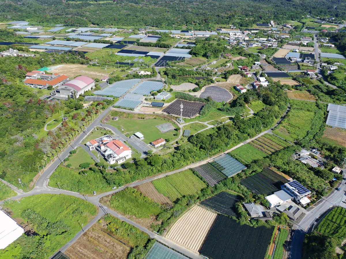 Rural village with greenhouses