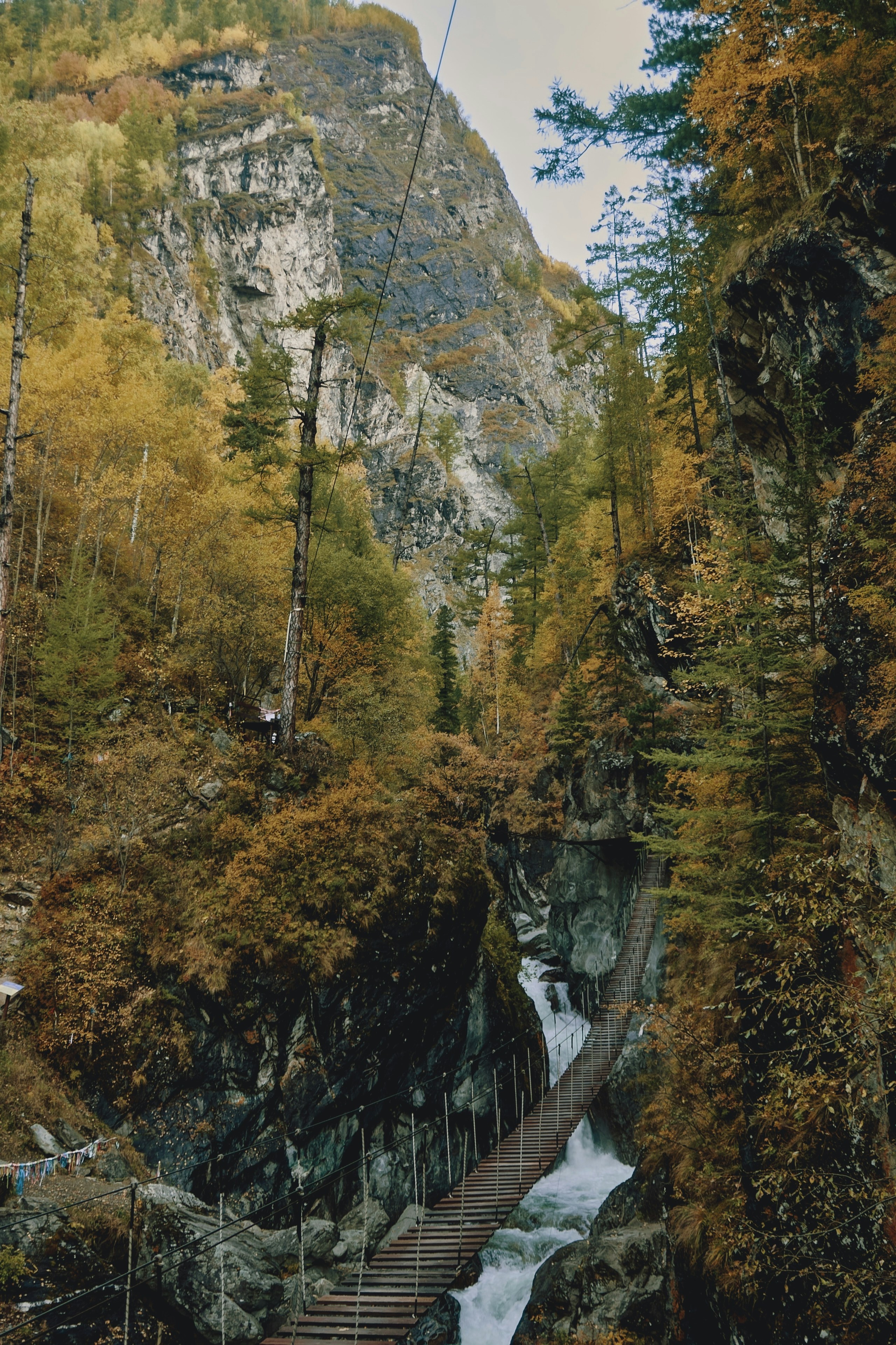 Suspension bridge over a rocky stream in autumn forest