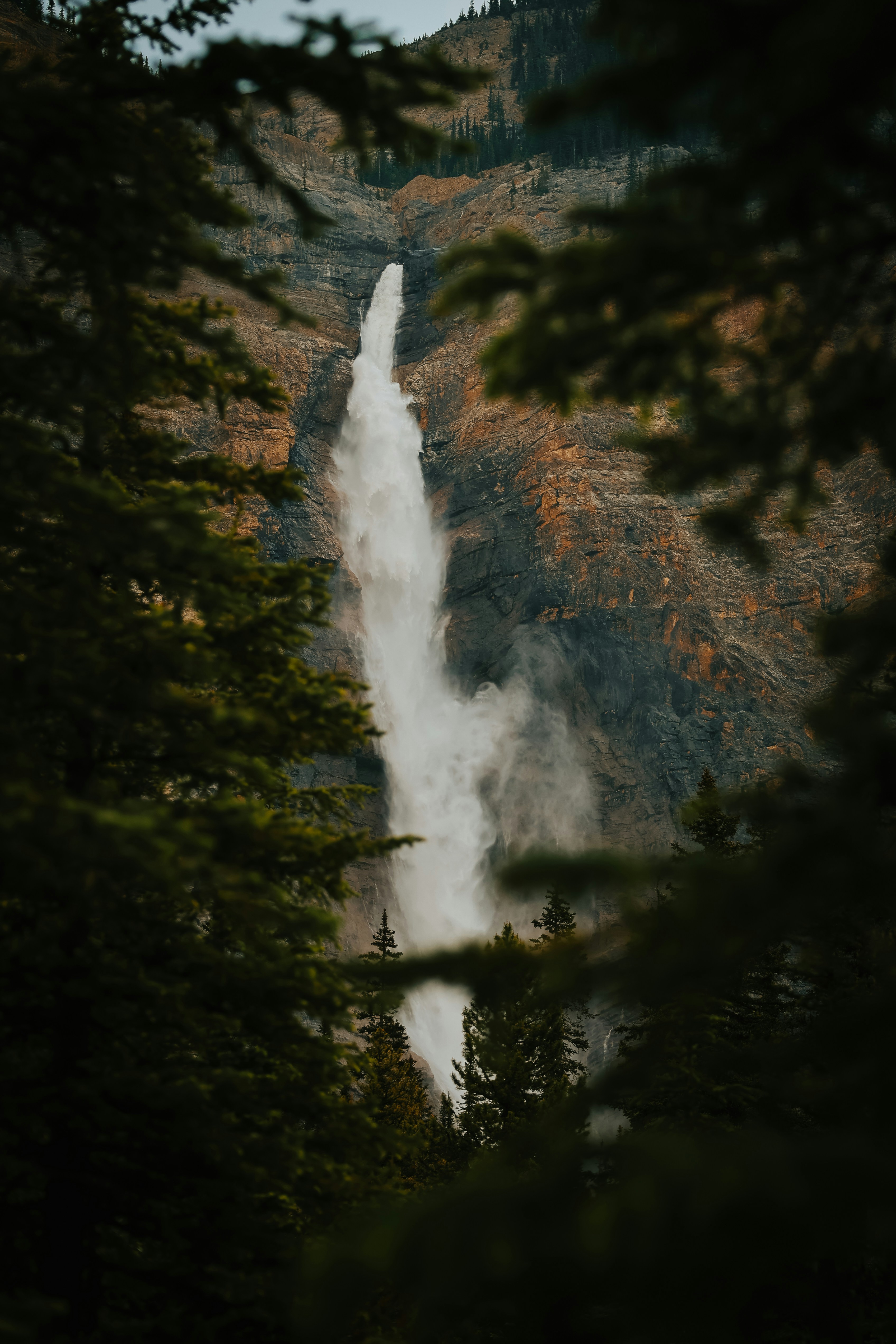 Tall waterfall cascading down a rocky mountainside through trees.