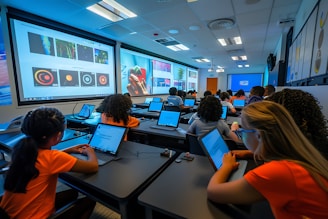 Students using laptops in a classroom with large screens.