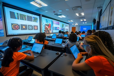 Students using laptops in a classroom with large screens.