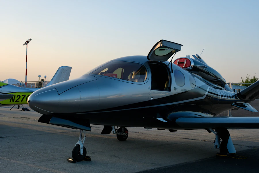 A sleek private jet parked on the tarmac, ready for departure