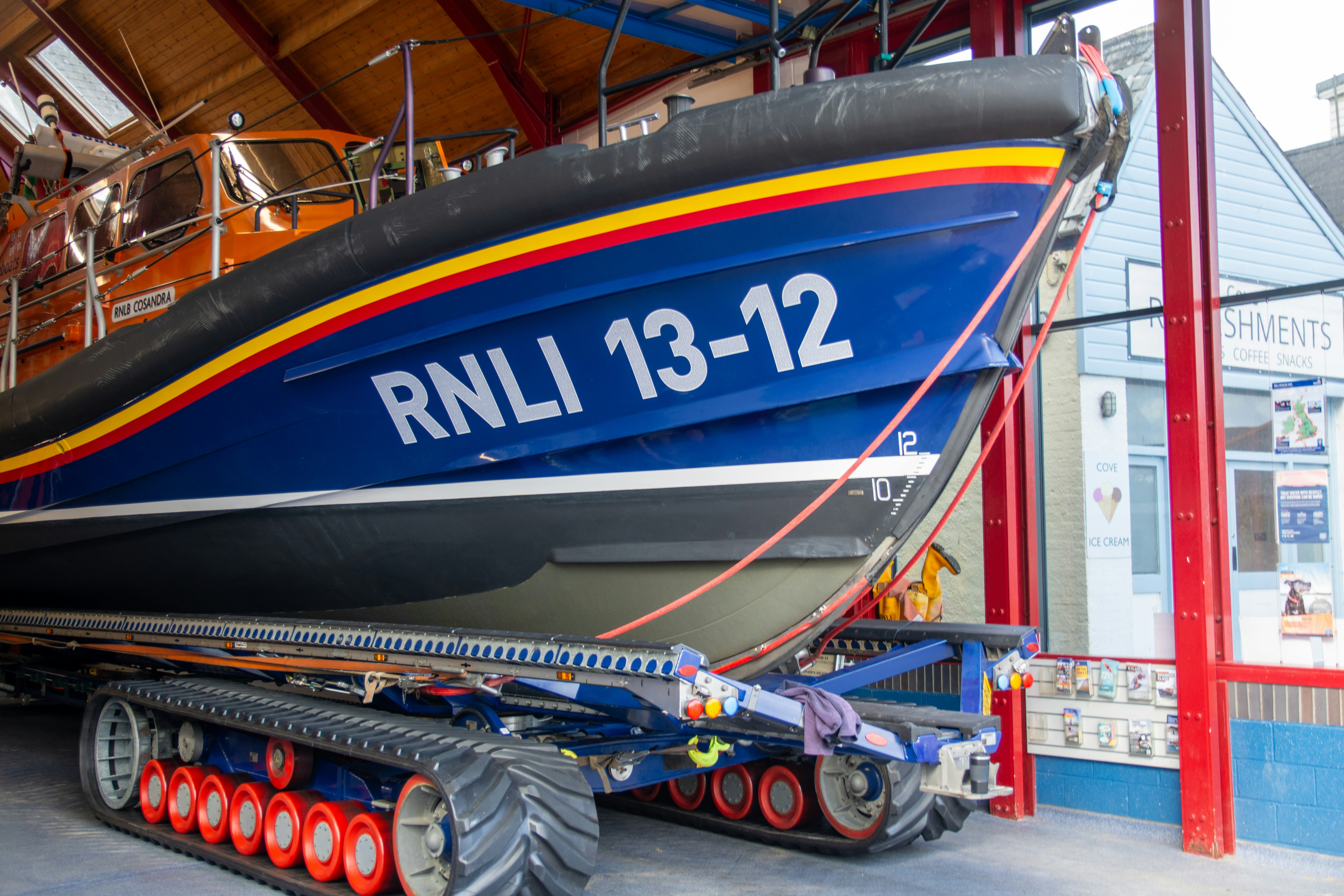 Rnli lifeboat on a tracked launching trailer