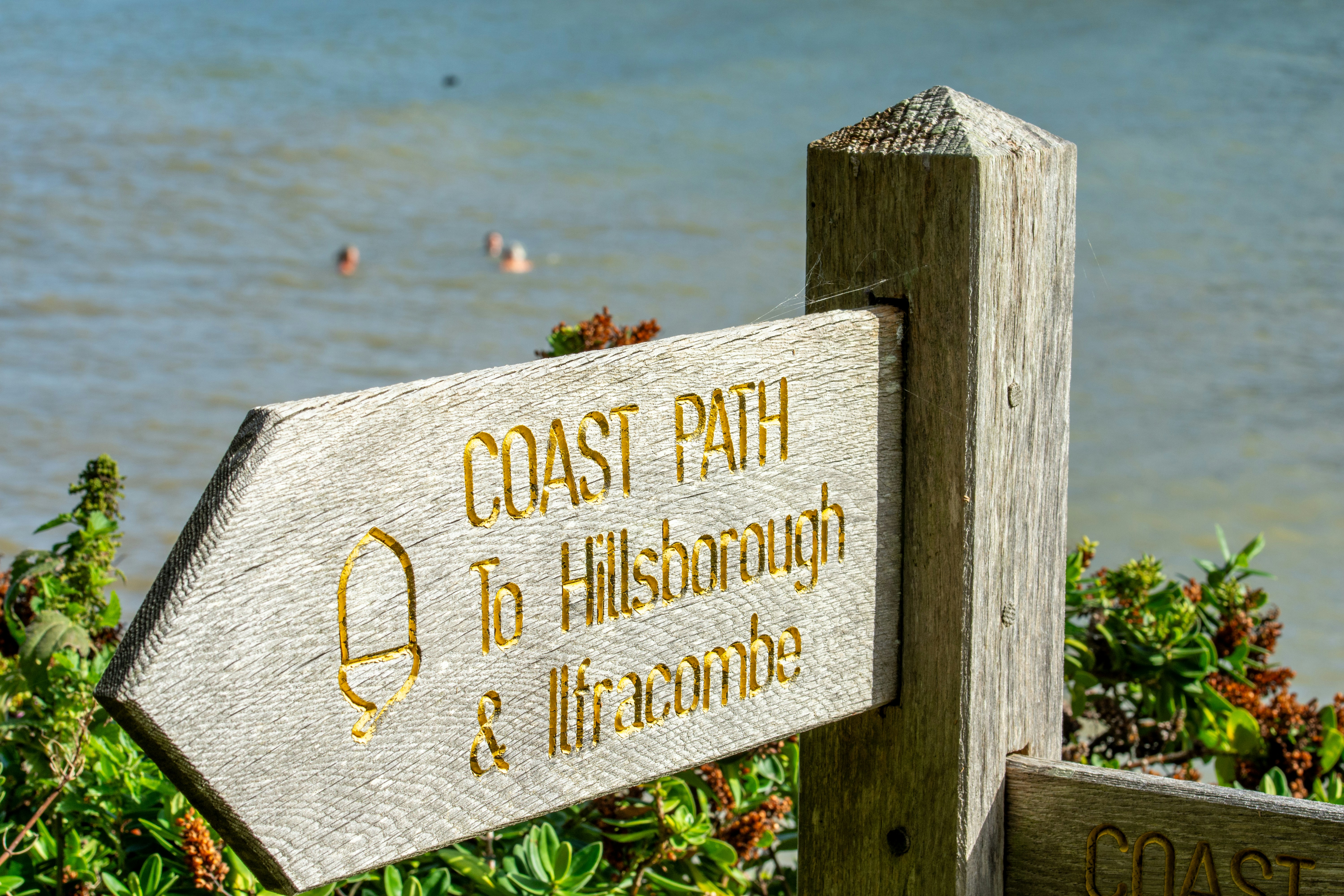 Wooden coast path signpost pointing towards the sea