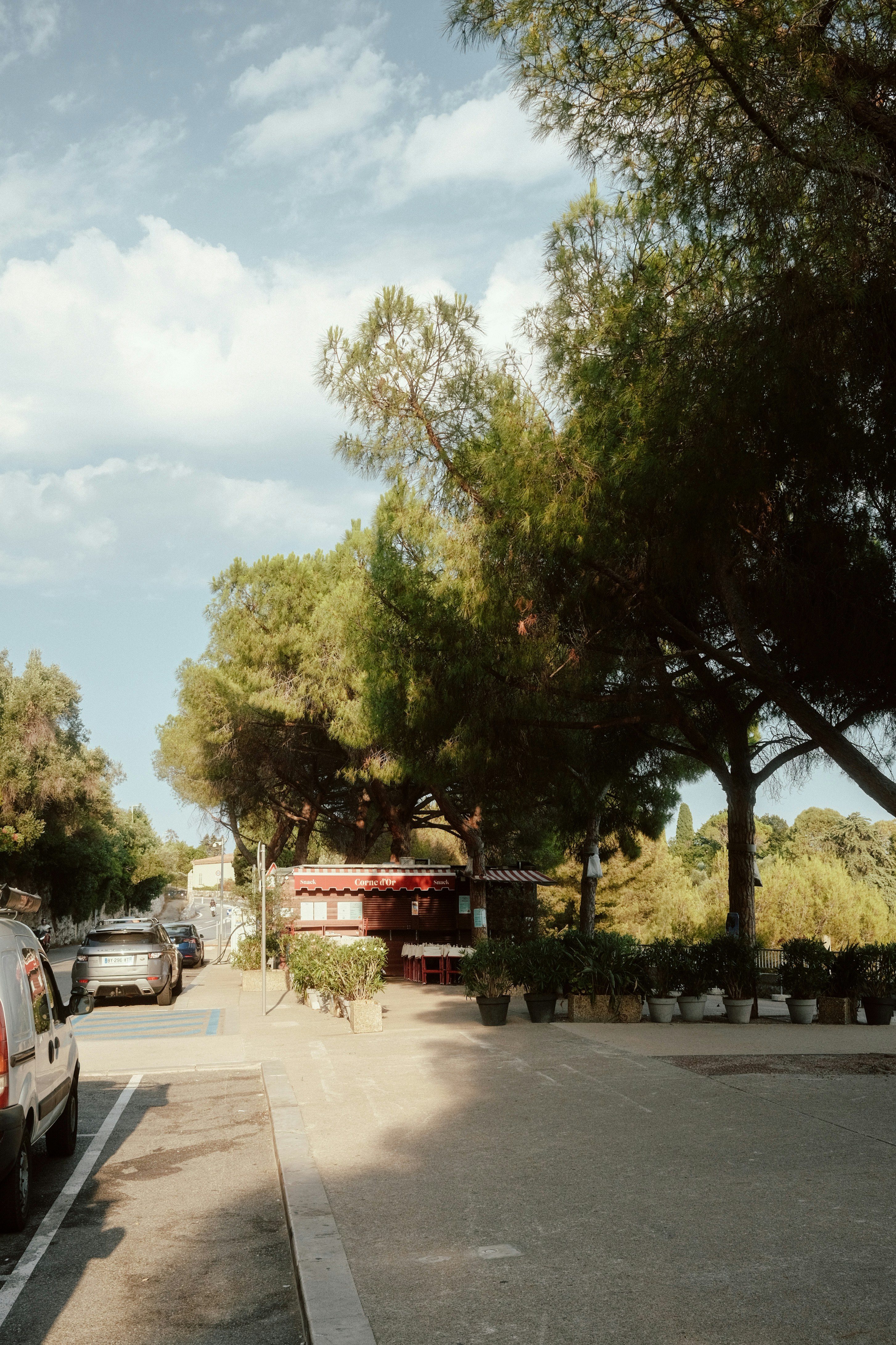 Gli alberi fiancheggiano una strada soleggiata con un piccolo edificio rosso.