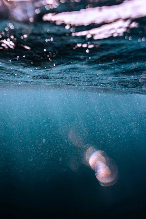 Sunlight and bubbles beneath the water surface in the Maldives