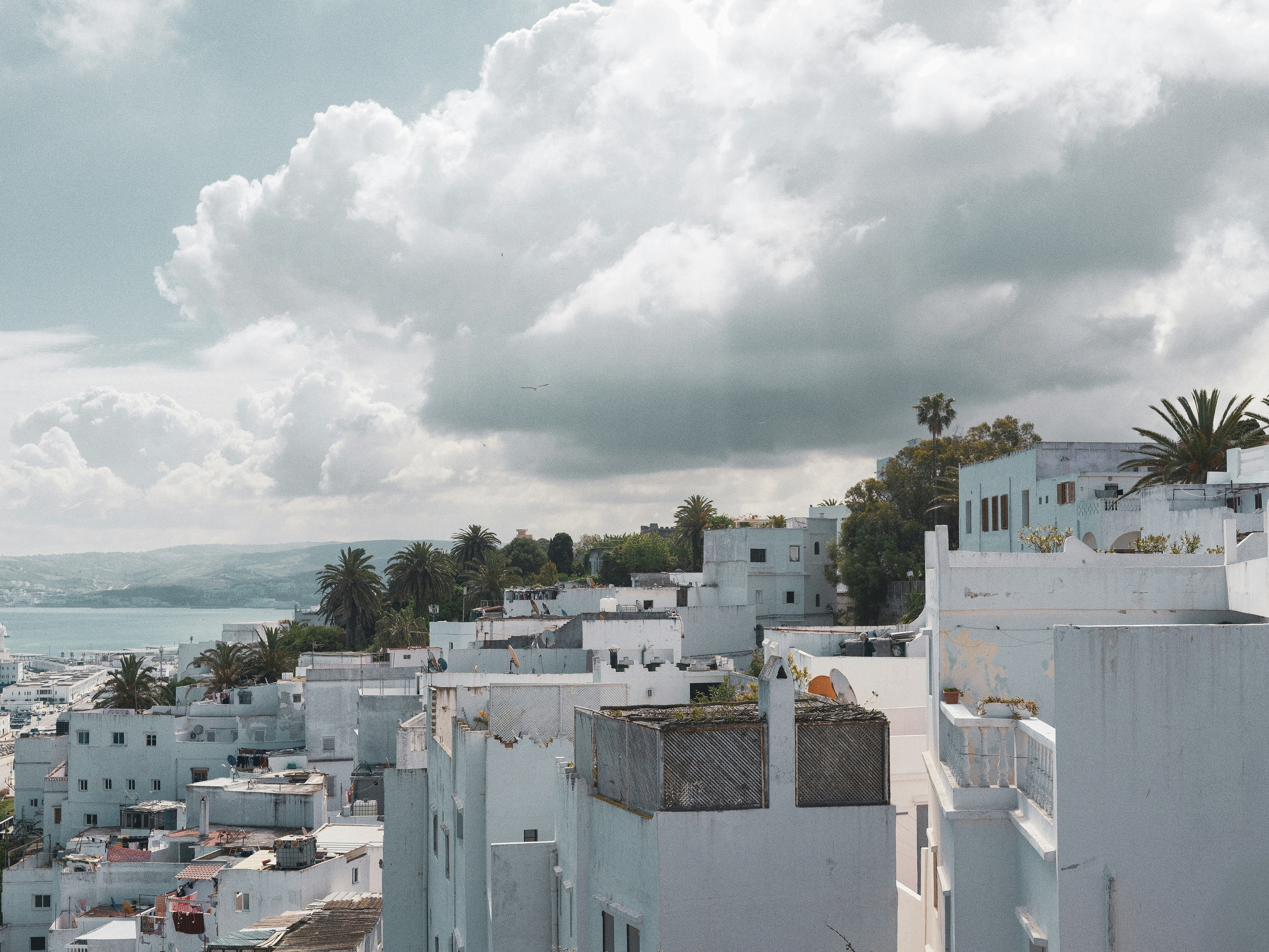 White buildings overlooking the ocean under cloudy sky.