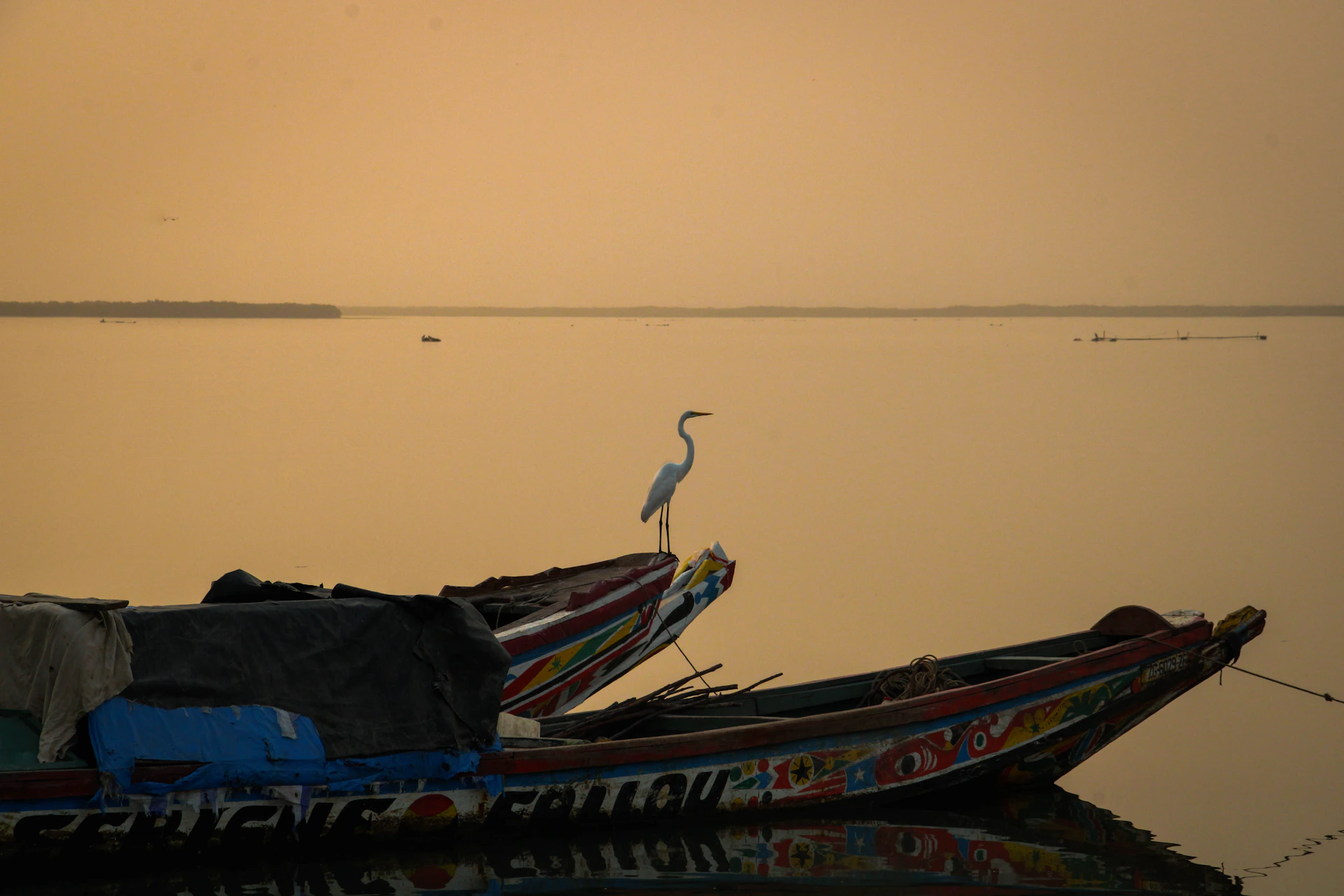 A bird stands on a colorful boat at sunset.